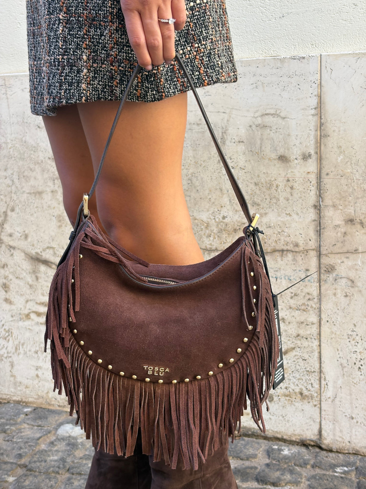 BORSA TOSCA BLU IN PELLE SUEDE MARRONE