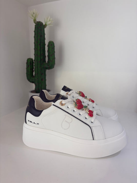 SNEAKER TOSCA BLU IN PELLE BIANCO E FRAGOLE TACCO 6CM
