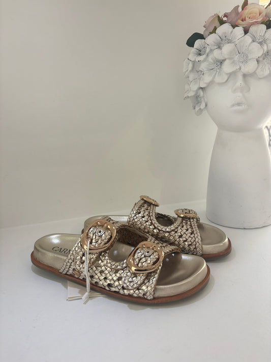 CIABATTONE CARMELA PLATINO IN VERA PELLE  INTRECIATA