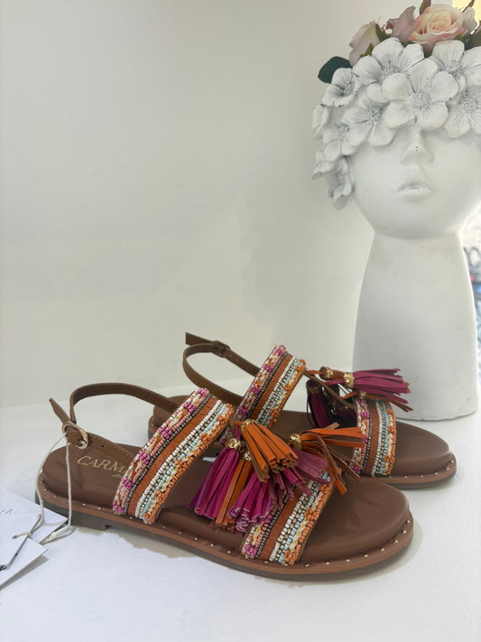 SANDALO CARMELA IN VERA PELLE E PAIETTE ARANCIO/FUCSIA
