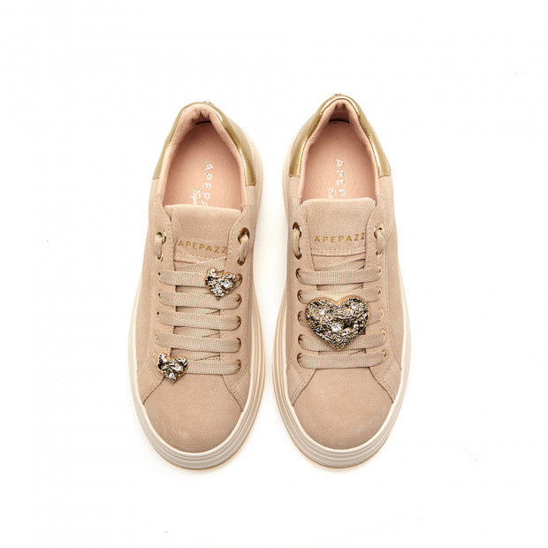 Sneakers Ape pazza beige in pelle con cuori rimovibili